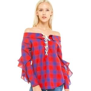 🌹 Coming Soon 🌹 Sexy Off Shoulder Plaid Lace-Up Top